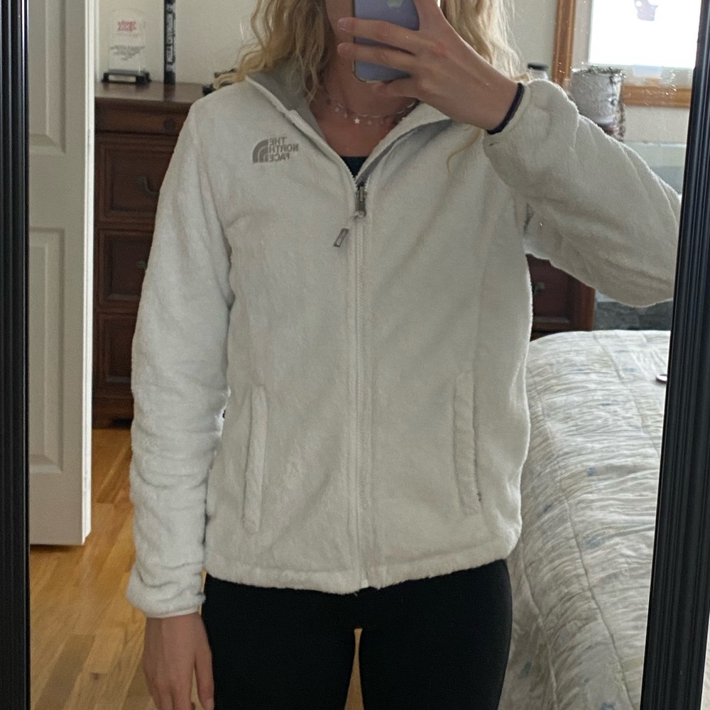 The North Face white fuzzy jacket